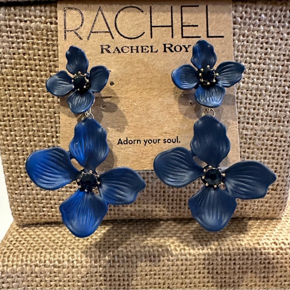 NWT RACHEL Rachel Roy Earrings Navy Blue Double Flower w/ center crystal - Picture 2 of 9